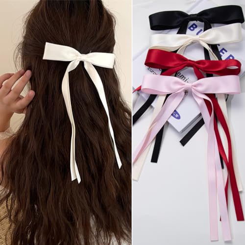 Mythos 4-Piece Long Tail Ribbon Hair Bow Clips for Women