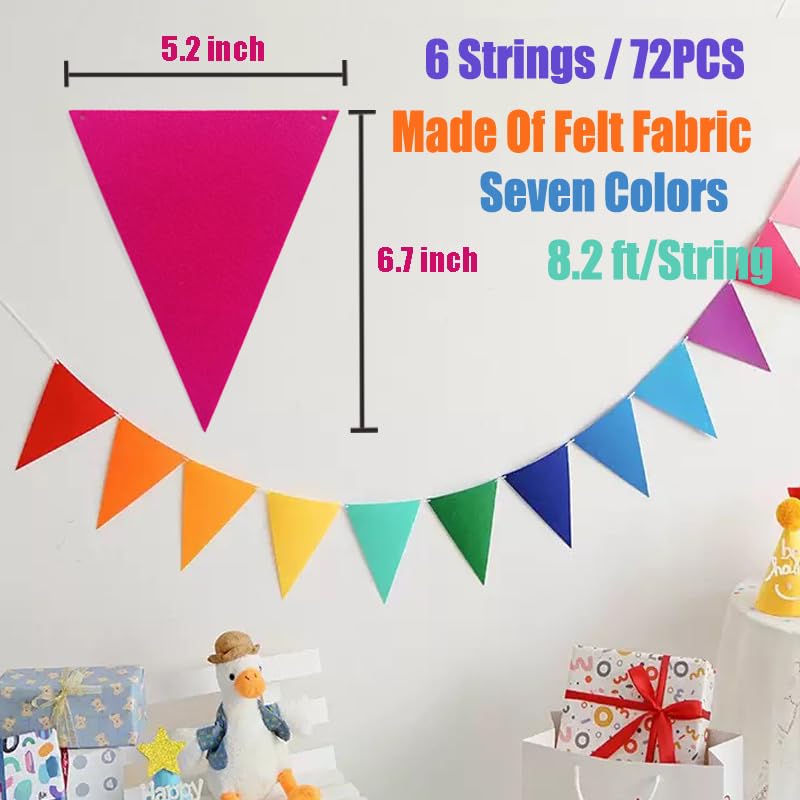 Rainbow Felt Bunting Banner - 72 Colorful Pennant Flags for Parties