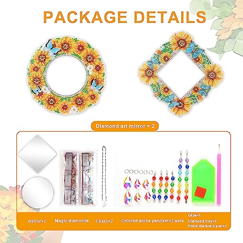 2Pcs DIY Diamond Painting Mirror Kit - Sunflower Butterfly Crystal Craft Set