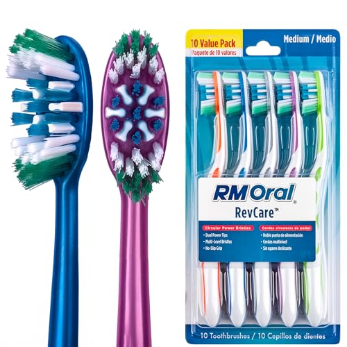 RM Oral RevCare Medium Bristle Toothbrush Pack of 10 - Deep Cleaning & Tongue Cleaner