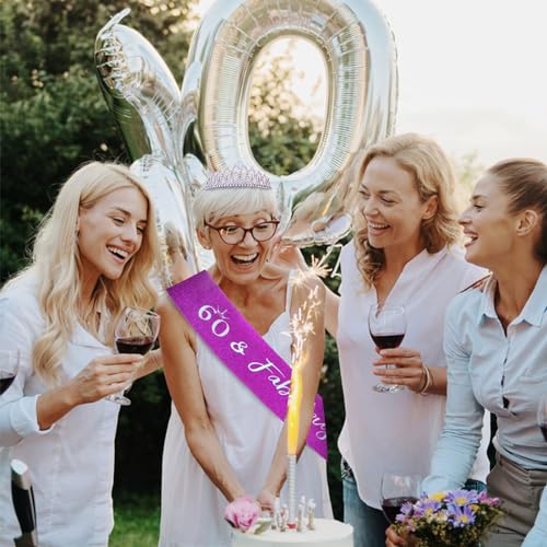 Semato Purple 60th Birthday Tiara and Sash Kit - Purple Crown & Glitter Gold Sash for Women