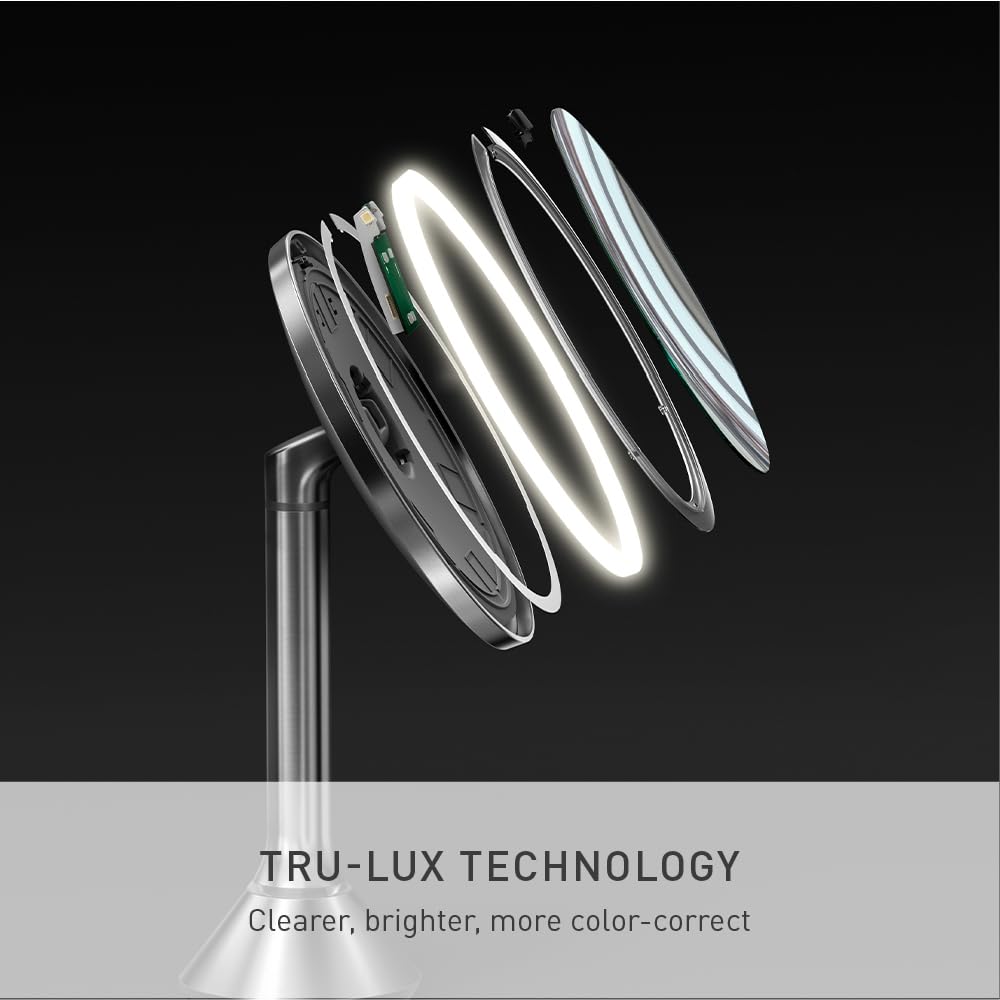 simplehuman Sensor Mirror Fold, 5'' with 10X Magnification, Round Rechargeable Travel Makeup Mirror, Tru-Lux® Full-Spectrum Light, Adjustable Brightness & Height, Brushed Stainless Steel