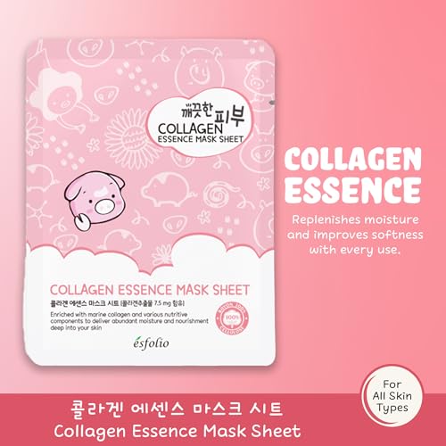 esfolio Collagen Essence Sheet Mask - Hydrating & Firming Facial Mask for Glowing Skin - Anti-Aging Korean Skincare - Pack of 10