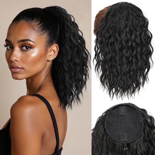 14 Inch Natural Black Curly Ponytail Extension - Drawstring Synthetic Hair