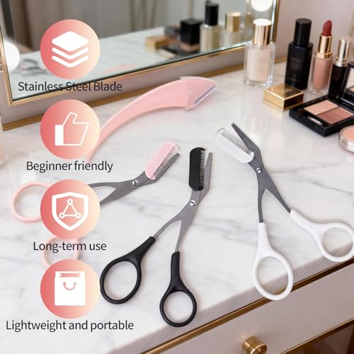 3 Pack Eyebrow Scissors with Comb Set for Women & Men - Stainless Steel Trimmers & Razor