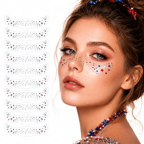 Patriotic Face Stickers - 10 Pcs Red White Blue Star Tattoos for Women