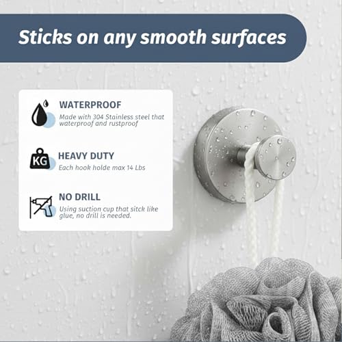 Suction Cup Shower Hooks for Towel & Robe - Waterproof, Heavy Duty, 2 Pcs