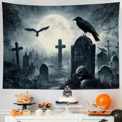 Gothic Halloween Tapestry Wall Hanging | Scary Crow & Graveyard Decor, 60x40 In