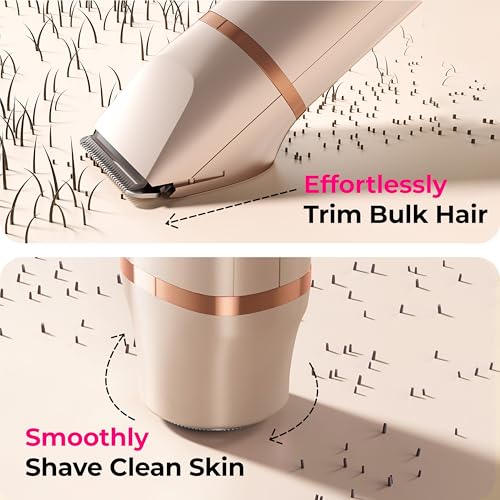 Bikini Trimmer for Women with Dual Head - IPX7 Waterproof & Painless Eletctric Razors for Public Hair - Eletric Shaver for Underarm Leg Body (Gold)