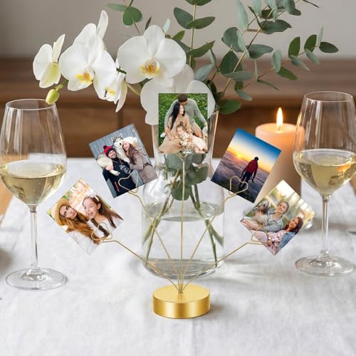 Heart-Shaped Photo Holder Tree Stand with 5 Clips - Gold
