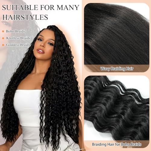 26 Inch Black Boho Braiding Hair Extensions Pre-Stretched & Curl for Boho Braid Styles (5 Packs)