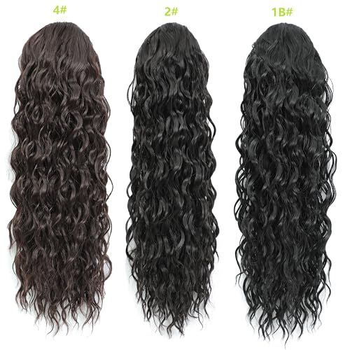 16 Inch Dark Brown Water Wave Drawstring Ponytail Extension for Black Women - Easy to Install, Natural Look