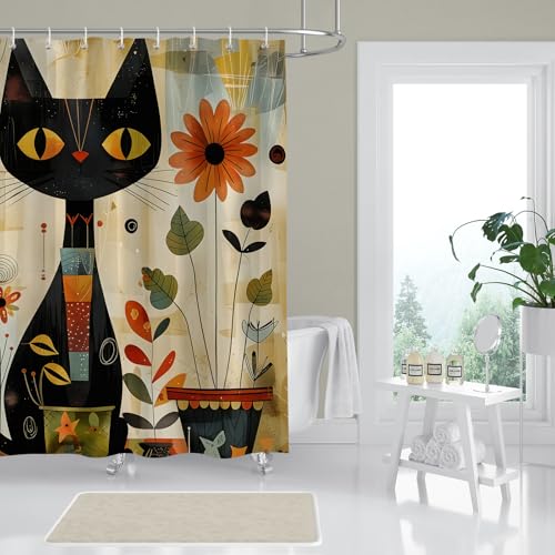 Black Cat Shower Curtain - Boho 72x72 Inch Waterproof Bath Decor