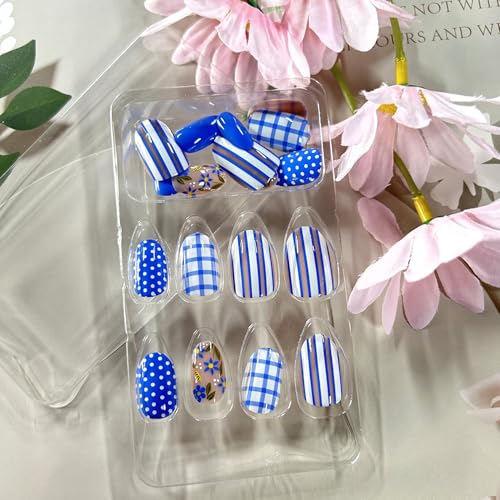 LOPMNGHT Blue White Checkered Short Oval Fake Nails 24Pcs Reusable Glossy Stick-On Manicure
