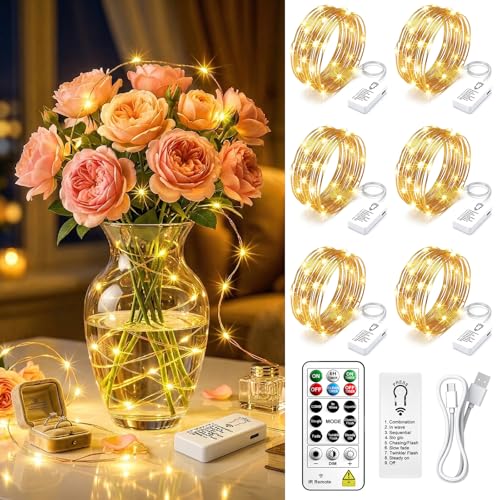 6 Pack Rechargeable Fairy String Lights with Remote - 20 LEDs, 7ft