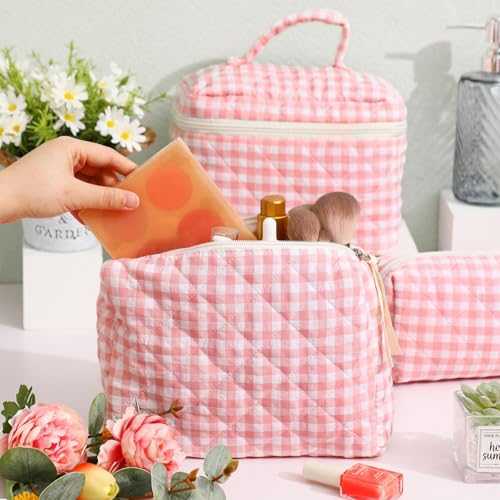 Paterr Pink Quilted Cotton Makeup Bag Set 3 Pcs Travel Cosmetic Organizer