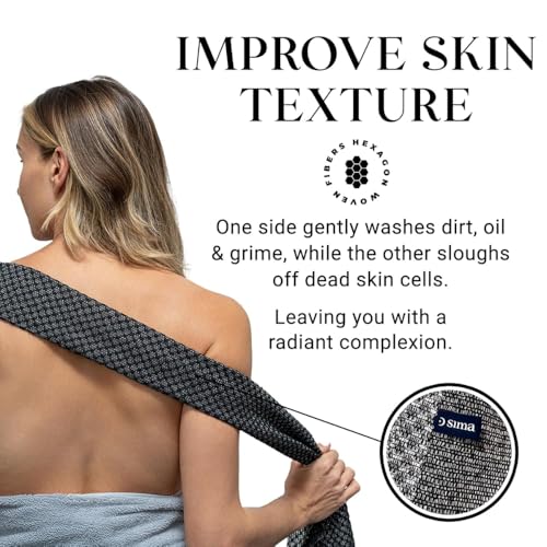 Sima Brand Exfoliating Washcloth Face & Body Scrub Towel - Japanese Exfoliating Towel with Hexagon Fibers, Body Scrubber with 2 Sides for Scrubbing & Washing, Extra Long Body Towels (Black)