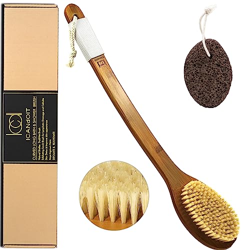 ICANdOIT 17.71 Inch Boar Bristle Bath Brush with Long Handle - Exfoliating Shower Scrubber (1 Pack)