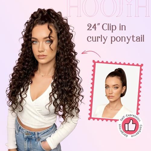 HOOJIH 24 Inch Curly Wavy Ponytail Extension for Women - Black Brown