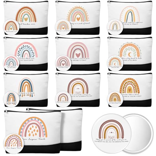 Paterr 10 Pcs Rainbow Canvas Makeup Bags with Mirrors - Teacher Gifts
