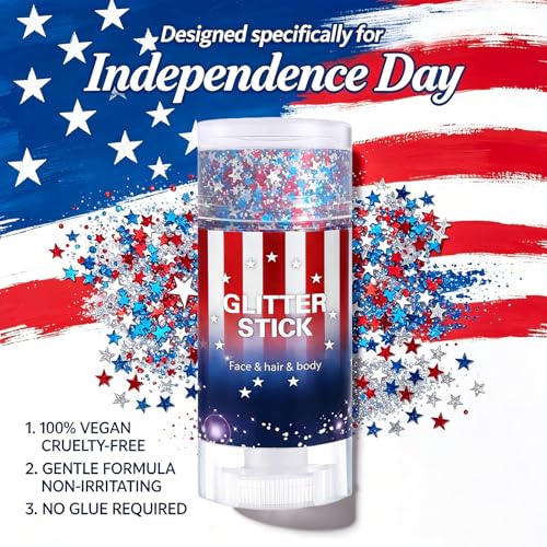 Patriotic Body Glitter Stick with Star,4th of July Outfits and Accessories,250th Anniversary Sparkling Face Hair Glitter Makeup for Women,Fourth of July Red White Blue Waterproof Hair Glitter