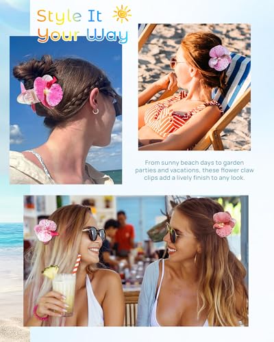 Hawaiian Flower Hair Claw Clips 4-Pack with Pink, Light Pink, Purple & Dark Purple Artificial Orchids