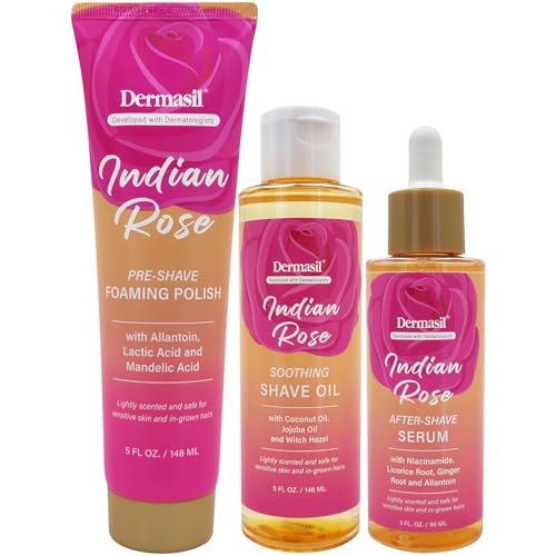 Dermasil Indian Rose Shave Care Set for Women & Teens ? Pre-Shave Foaming Polish, Soothing Shave Oil & Toning After-Shave Serum with Vitamins & Botanicals