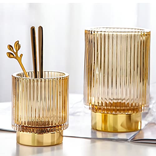 DASITON Crystal Makeup Brush Holder Organizer - Vintage Coffee Stripe, Glass Storage Cup