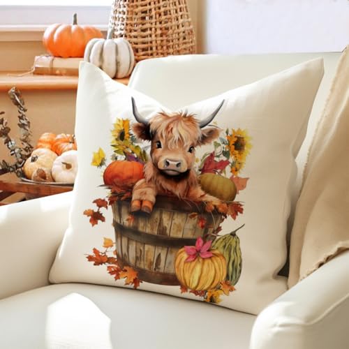 Highland Cow Fall Pillow Covers Set of 4 - 20x20 Inch Decorative Cases