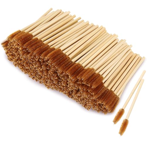 300 Pcs Disposable Mascara Wands with Bamboo Handle - Brown Eyelash & Eyebrow Brush Spoolies