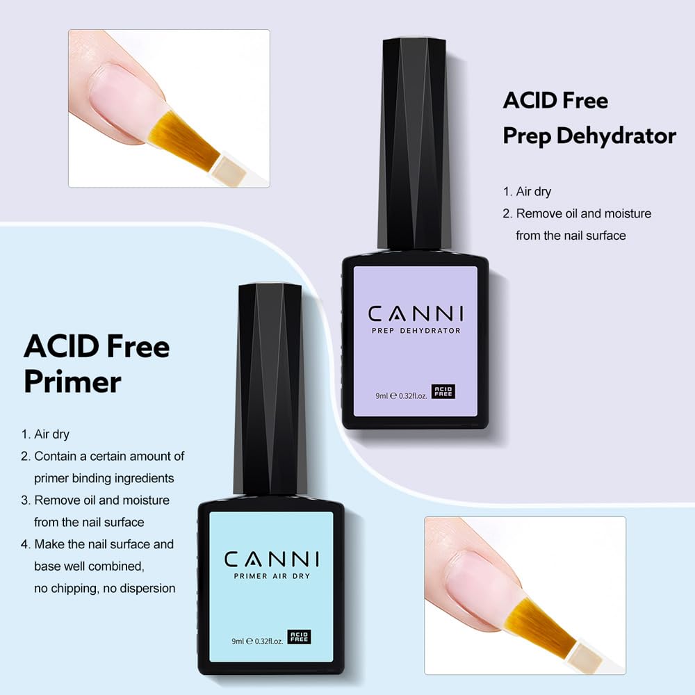 CANNI Nail Dehydrator and Primer Set - Acid Free Gel for DIY Manicure | 2 Pcs Kit for Home Salon