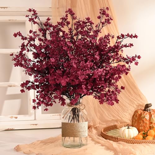 6 Real Touch Silk Baby's Breath Flowers - Wine Red Fall Stems