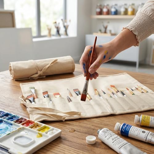 Liquidraw 30-Pocket Canvas Paint Brush Holder Roll-Up Organizer - Natural, 21x18in