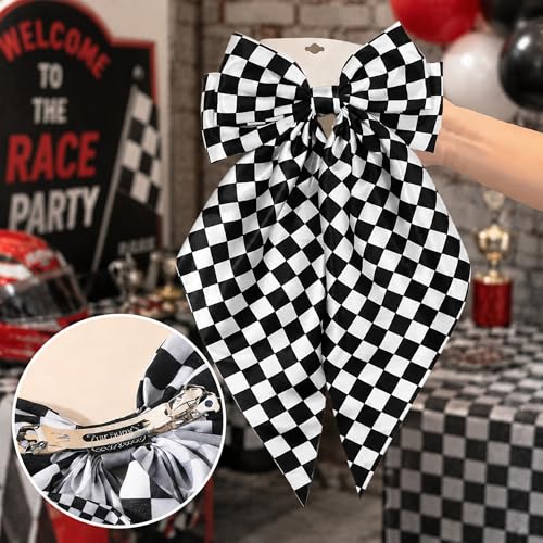 Oversized Black and White Checkered Hair Clip with Bow