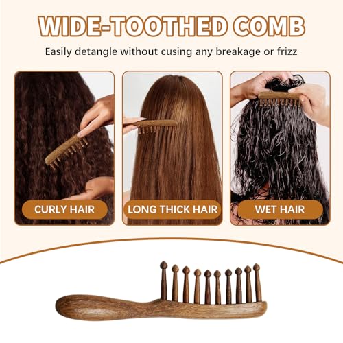 KURTOPLLY Wooden Dreadlock Comb & Scalp Massager - Natural Sandalwood Wide Tooth Brush for Hair & Scalp Care (2 pcs)