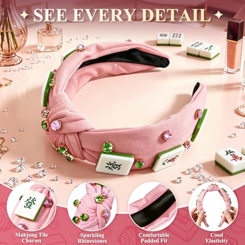 Pink Mahjong Knotted Headband for Women Rhinestone Crystal Wide Top Knot Hair Accessory