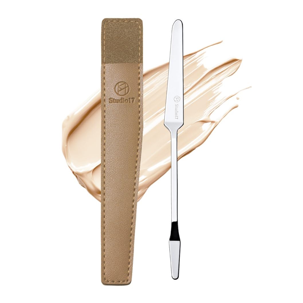 STUDIO17 Stainless Steel Foundation Spatula - Professional Double-Edged Makeup Tool for Flawless Application | Includes Storage Pouch