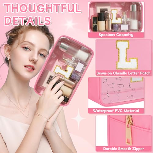 WELIDAY Pink L Initial Chenille Cosmetic Bag - Water-Resistant Travel Makeup Pouch