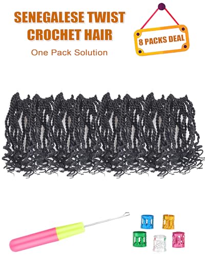 Aeagoo 6 Inch Wavy Senegalese Twist Crochet Braids - 8 Packs, Color 1B