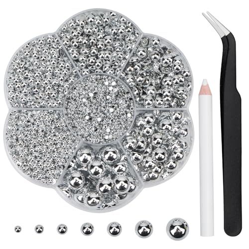 Mdscve 6100Pcs Nail Pearls Flatback Half Rounds with Tweezers & Picker Pencil – Silver