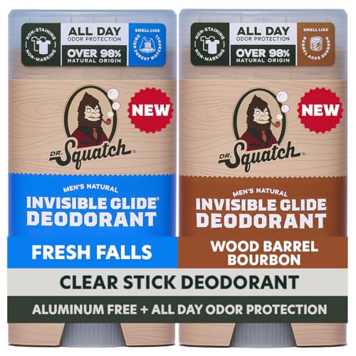 Dr. Squatch Invisible Glide Natural Men¡¯s Deodorant ? Smooth Glide, No Stains ? Aluminum Free Deodorant Men ? Safe for Sensitive Skin ? Fresh Falls + Wood Barrel Bourbon ? 2.65oz (2-Pack)