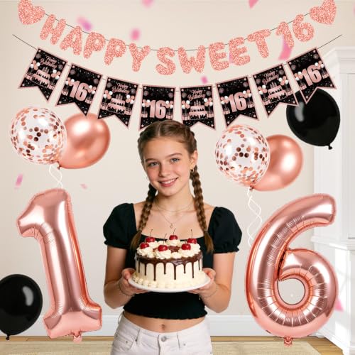 Zirtorei Sweet 16 Birthday Decorations Set - 10pcs Rose Gold Party Supplies