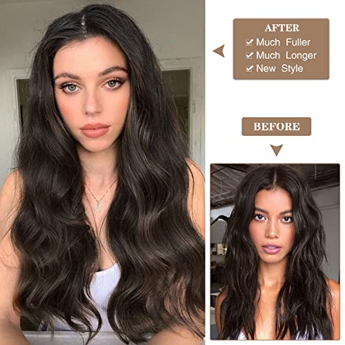 WECAN 20 Inch Clip-In Hair Extensions - Long Wavy Synthetic Brown Black