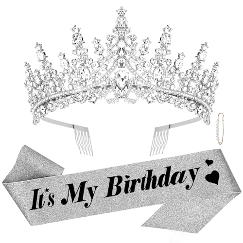 CURASA Silver Birthday Tiara and Sash Set - Rhinestone Crown for Women