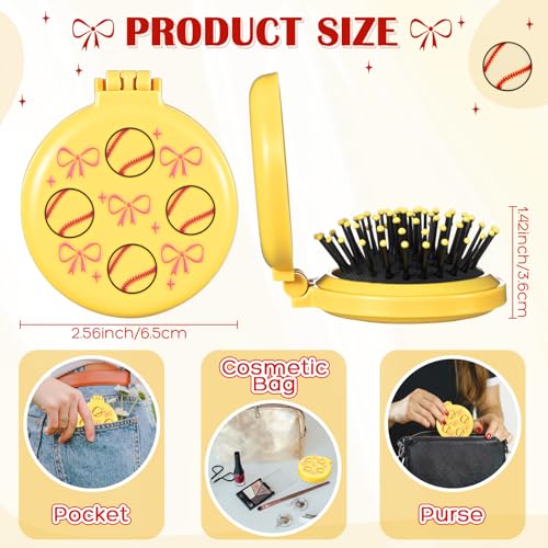 12 Pcs Softball Mini Hair Brush with Mirror – Folding Travel Hairbrush Set