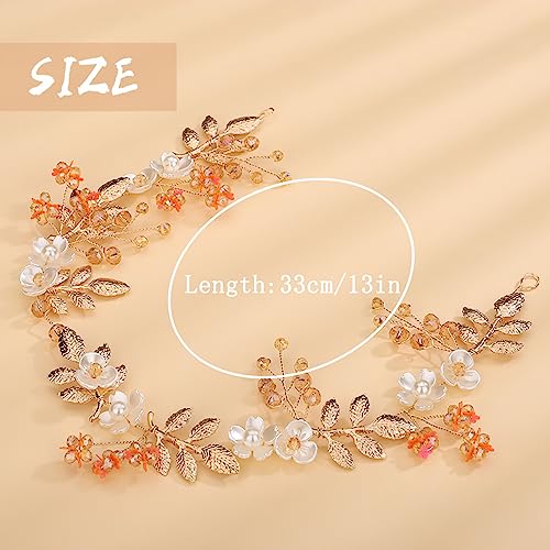 Gold Boho Bridal Flower Leaf Headband - Crystal Pearl Hair Vine