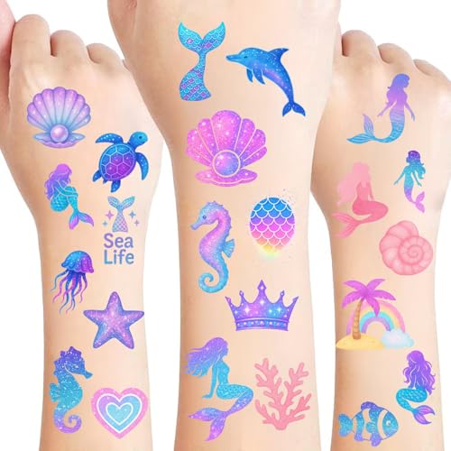 100PCS Glow in The Dark Mermaid Temporary Tattoos for Kids, Waterproof Ocean Sea Creatures Stickers, Safe & Easy to Apply