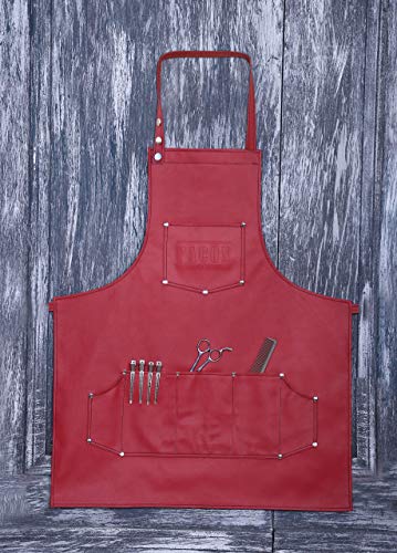 Facón Professional Leather Barber Apron with 6 Pockets - Red, 28" x 24"