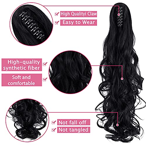 OMGREAT 24 Inch Dark Black Curly Ponytail Extension - Claw Clip
