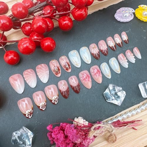 Red French Tip Press-On Nails with 3D Flower Designs - 24 Pcs
